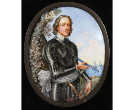 A 19th century painted enamel oval convex three-quarter length portrait of a gentleman dressed in armour, a sash around his w