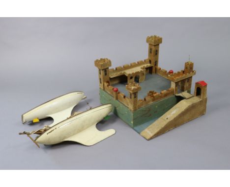 Two painted wooden pond yachts “Endeavour III” &amp; “Endeavor IV”; &amp; a vintage model castle, 17” wide. 