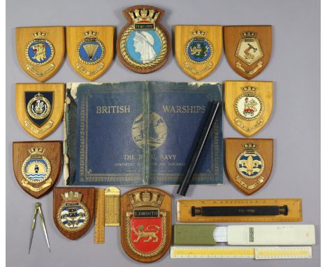 Eleven British Royal Navy ships ward room plaques, one volume “British Warships”, three vintage rulers, etc.