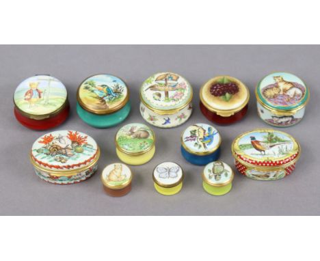 Twelve various enamelled boxes by Halcyon Days, Bilston &amp; Battersea, Staffordshire enamels, Crummles etc, depicting anima