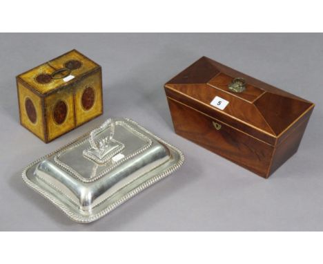 A 19th century inlaid-mahogany two-division tea caddy with a glass mixing bowl, 10¾” wide; together with a William Crawford &