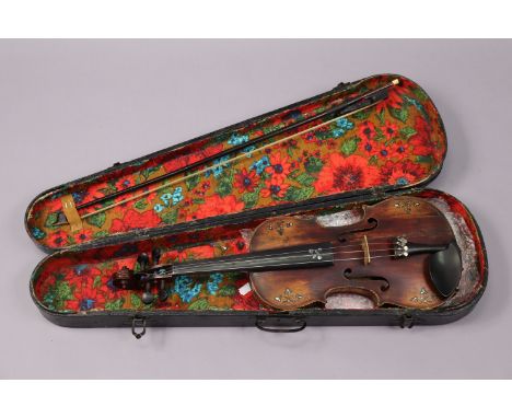 A vintage American(?) mother-of-pearl inlaid violin 23¼” long (restored), with bow, &amp; in a painted wooden case. 