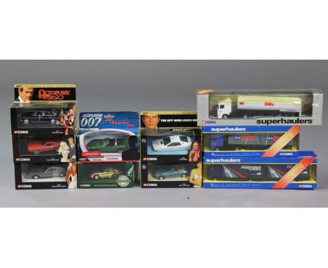 Seven Corgi “James Bond” die-cast scale model cars; &amp; three Corgi “Superhaulers” die-cast scale model vehicles, each with