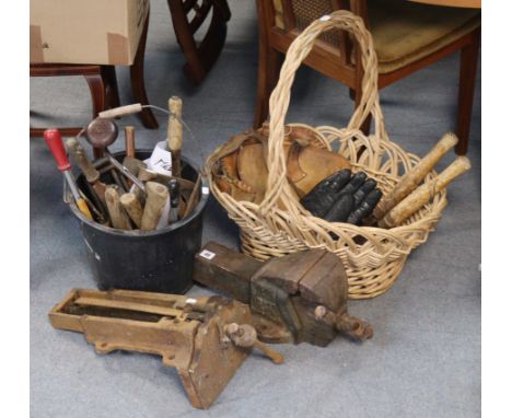 Two vintage cast-iron bench vices; &amp; various vintage hand tools.