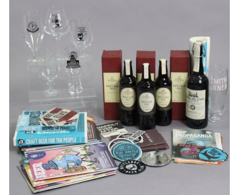 Three bottles of Fuller’s Limited Edition Vintage ale with contents, boxed; &amp; various items of brewerania.