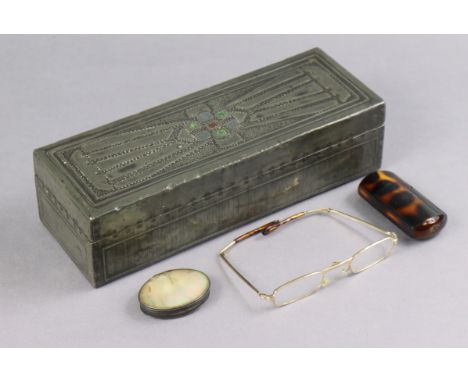 A pewter rectangular trinket box with multi-coloured enamelled geometric design to the hinged lift-lid, 10¾” wide; a plated &
