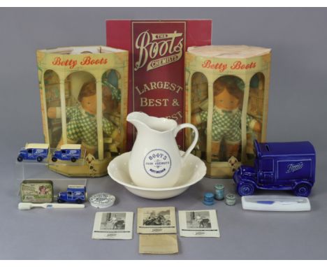 A Boots Nottingham cash chemist’s toilet jug &amp; basin; two “Betty Boots” dolls, boxed; &amp; various other Boots items.