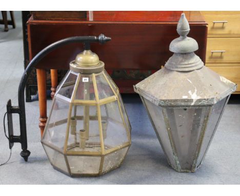 Two vintage pub exterior lanterns, 36”, and 31” high.
