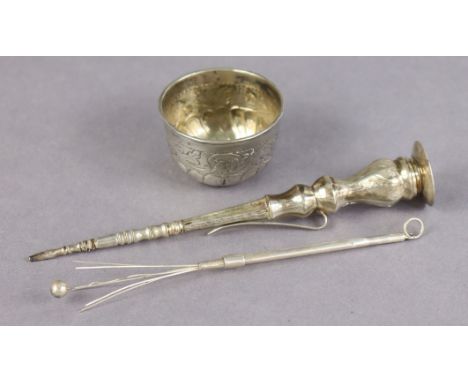 A silver engraved posy-holder, 5¾” long (hallmarks rubbed); a white-metal engraved wine-taster, 1¾” diameter; &amp; a ditto c