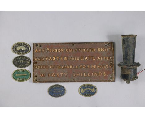 A vintage cast-iron notice “Persons Omitting To Shut And Fasten This Gate…”, 8¼”x16½”, five small cast brass oval narrow boat