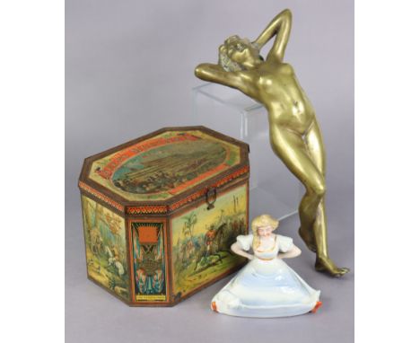 A ceramic novelty risqué female pin tray, 4½”  high; a bronzed female nude figure, 12¾” long; &amp; a vintage Keen’s mustard 