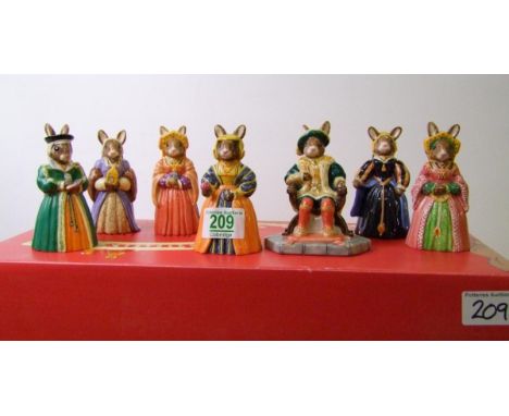 Royal Doulton Bunnykins figures: Henry VIII DB305, Anne Boleyn DB307, Jane Seymour DB308, Catherine of Aragon DB306, Catherin