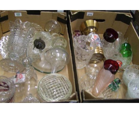 A mixed collection of items to include: presses glass oil burner, decanter, cut glass bowls etc (2 trays). 