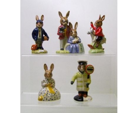 Royal Doulton Bunnykins figures to include: DB65 Lollipop man, DB66 Schoolboy, DB68 Father, Mother and Victoria, DB69 William