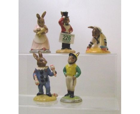 Royal Doulton Bunnykins figures to include: DB164 Juggler , DB165 Ringmaster, DB166 Sailor, DB167 Mother and Baby and DB169 J