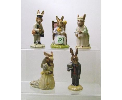 Royal Doulton Bunnykins figures to include: DB83 Susan as Queen of May, DB85 Cook, DB101 Bride, DB102 Groom and DB125 Milkman