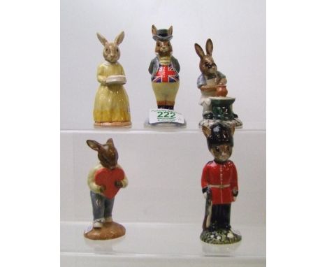 Royal Doulton Bunnykins figures to include: DB127 Guardsman, DB130 Sweetheart, DB131 Master Potter , DB134 John Bull and DB13