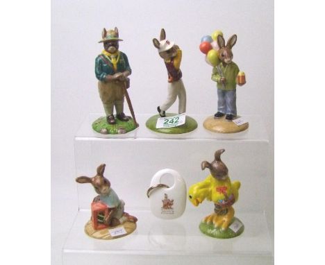 Royal Doulton Bunnykins figures to include: DB289 Easter Treat, DB291 Congratulations, DB292 Easter Parade, Scout Leader DB43