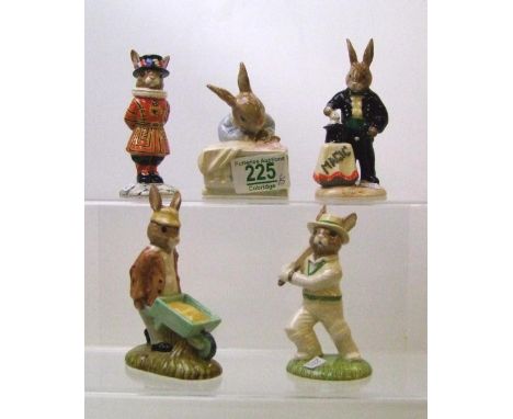 Royal Doulton Bunnykins figures to include: DB156 Gardener, DB158 New Baby, DB159 Magician, DB160 Out for a Duck and DB163 Be