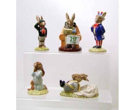 Royal Doulton Bunnykins figures to include: DB41 Freefall, DB50 Uncle Sam, DB54 Collector, DB55 Bedtime (blue and white) and 