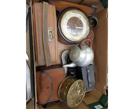 A mixed collection of items to include: Oak cased mantle clock, cameras etc.