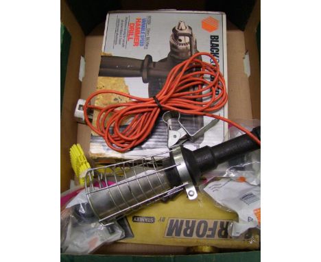 A mixed collection of items to include:  black and decker drill, stanely surform, inspection lamp etc 