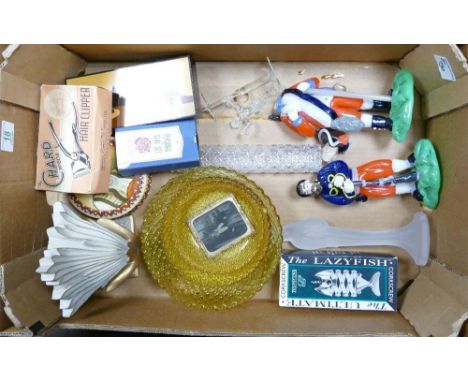 A mixed collection of items to include: glass figures, novelty fish boxed corkscrew, decorative boxes etc 