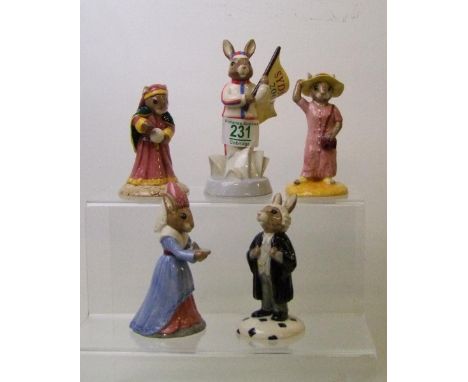 Royal Doulton Bunnykins figures to include:DB213 Sundial, DB214 Lawyer, DB215 Sightseer, DB216 English Athlete and DB218 Fort