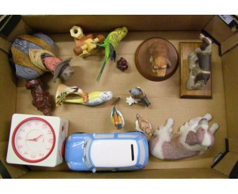 A mixed collection of items to include: Resin Dog Figures, Goebel Birds, John Wayne bust, Bush alarm clock etc 