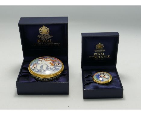 Two Boxed Royal Worcester Lidded Circular Boxes: Winetr Waltz &amp; Christmas Tales, diameter of largest 6cm(2) 