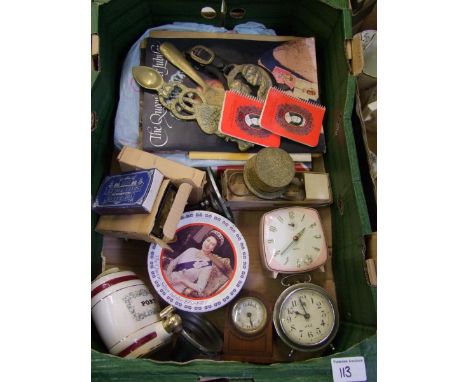 A mixed collection of items to include: Commemorative books, brasses, tin boxes, money boxes etc  together with mantle clocks