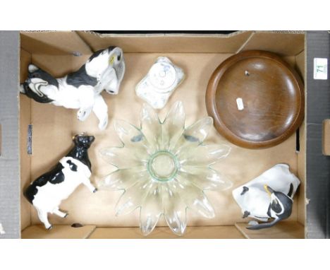 A mixed collection of items to include: Damaged Beswick Friesian Cow, ceramic figure of collie dog, coalport pin dish etc 