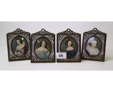 A set of four signed portrait miniatures: in Filigree brass frames 