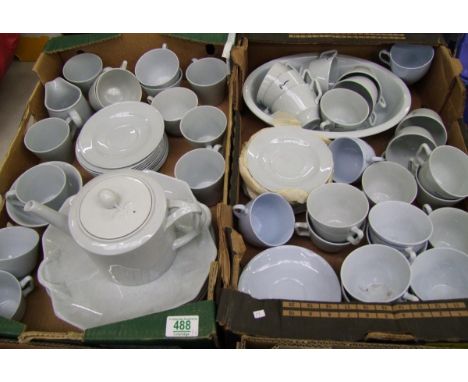 A large collection of light blue unmarked but presumed Spode tea and dinner ware ( 2 trays) 