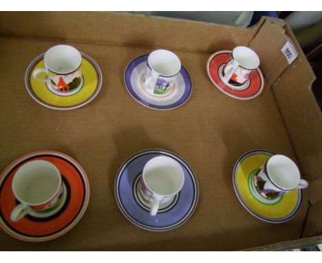 A set of six Wedgwood Clarice Cliff coffee cans and saucers: 