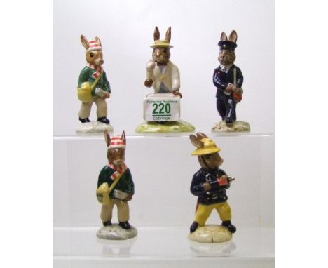 Royal Doulton Bunnykins figures to include: DB75 Fireman (English), DB76 Postman, DB77 Paperboy x 2 and DB82 Ice cream seller