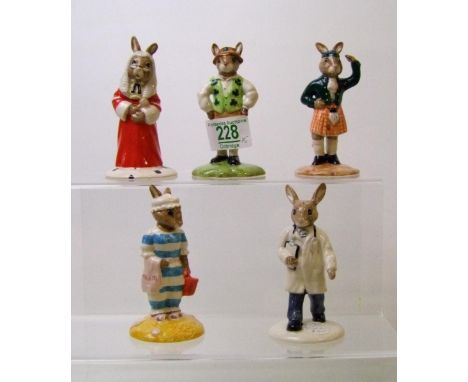 Royal Doulton Bunnykins figures to include: DB 178 Irishman, DB180 Scotsman, DB181 Doctor, DB188 Judge and DB189 Mother (all 