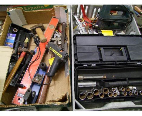 A mixed collection of items to include: DIY hand tools, spanners, socket set, black &amp; deck jigsaw, glue gun, brittol wren