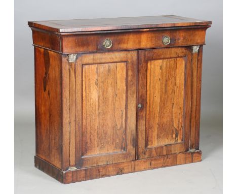 A Regency rosewood side cabinet with gilt metal mounted pilasters, height 92cm, width 108cm, depth 44cm, together with an Edw