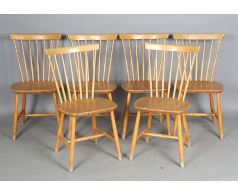 A set of six mid-20th century Swedish beech framed stick back kitchen chairs of retro design, height 83cm, width 42cm.Buyer’s