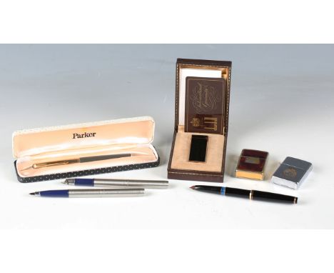 A Montblanc fountain pen, a Parker 61 gilt metal and grey plastic fountain pen with a Parker case, a Parker steel fountain pe