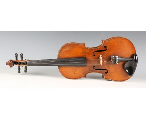 A 19th century violin with two-piece back, length of back excluding button 36cm, within a hard case, together with two letter