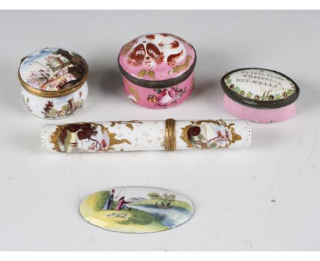 An 18th century South Staffordshire enamel patch box of circular form, the hinged lid with mirrored interior and a relief mou
