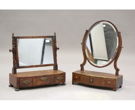 A George III mahogany swing frame mirror, the rectangular glass above three drawers, height 49cm, width 48cm, together with a