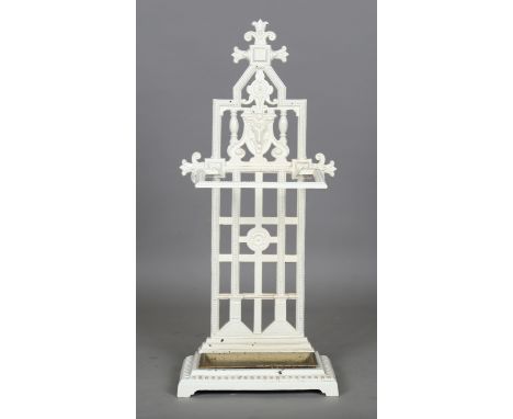 A Victorian white painted cast iron stick stand, the foliate backplate with ram's mask and scrolls, height 92cm, width 39cm.B