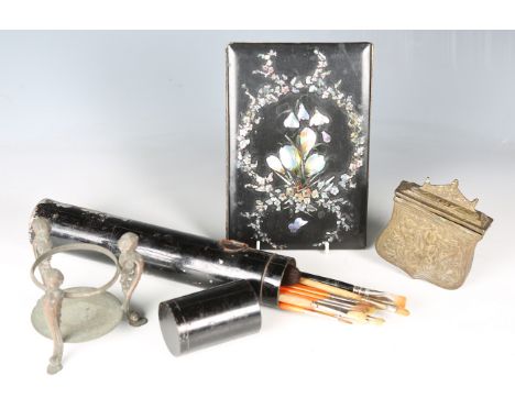 A group of collectors' items, including a Victorian papier-mâché blotter cover with mother-of-pearl foliate inlay, 23cm x 16c