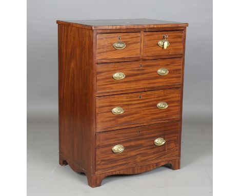 A narrow Regency mahogany chest of oak-lined drawers with brass plate handles, height 97cm, width 68cm, depth 49cm.Buyer’s Pr
