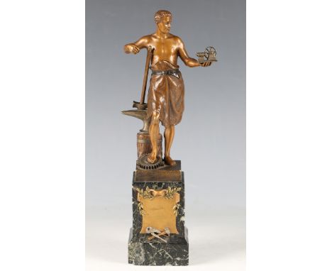 Franz Xavier Bergman - a late 19th century patinated spelter model of a blacksmith, modelled leaning against an anvil and rai