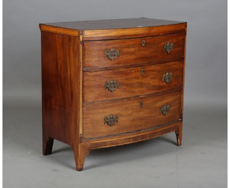 A George III mahogany bowfront chest of three drawers with satinwood crossbanding and urn inlay, height 89cm, width 91.5cm, d