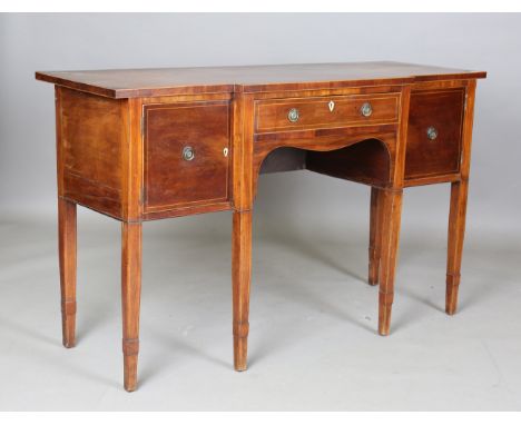 A George III mahogany breakfront sideboard with boxwood stringing and ivory key escutcheons, height 89cm, width 147cm, depth 